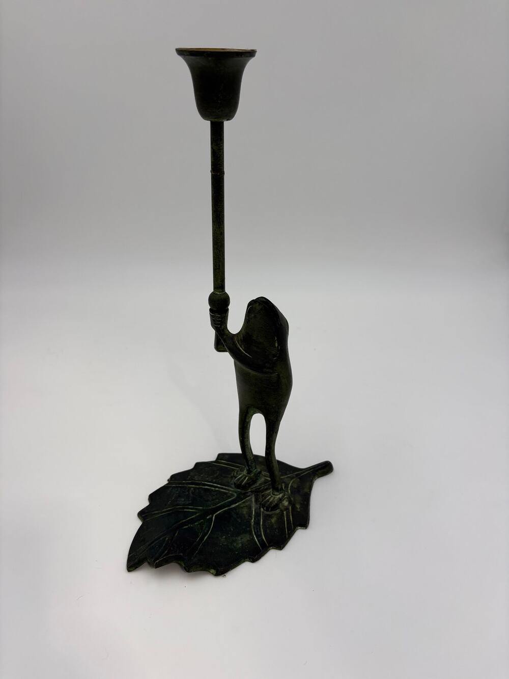Vintage 12" cast metal frog candlestick on leaf base with green patina